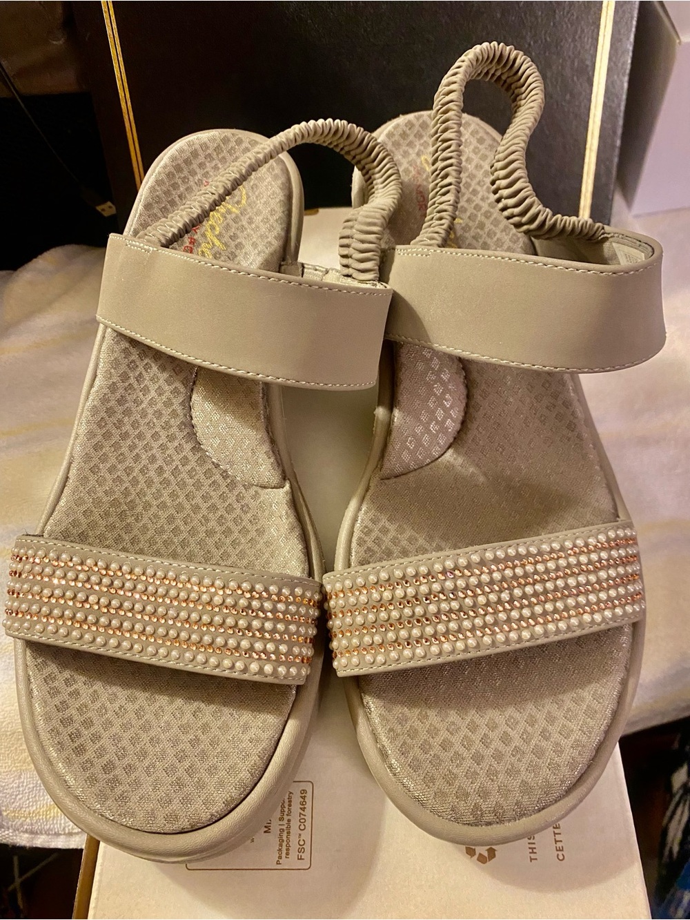 Skechers Beige Wedge Sandals with beads and rhinestones for the bling lover NWOT